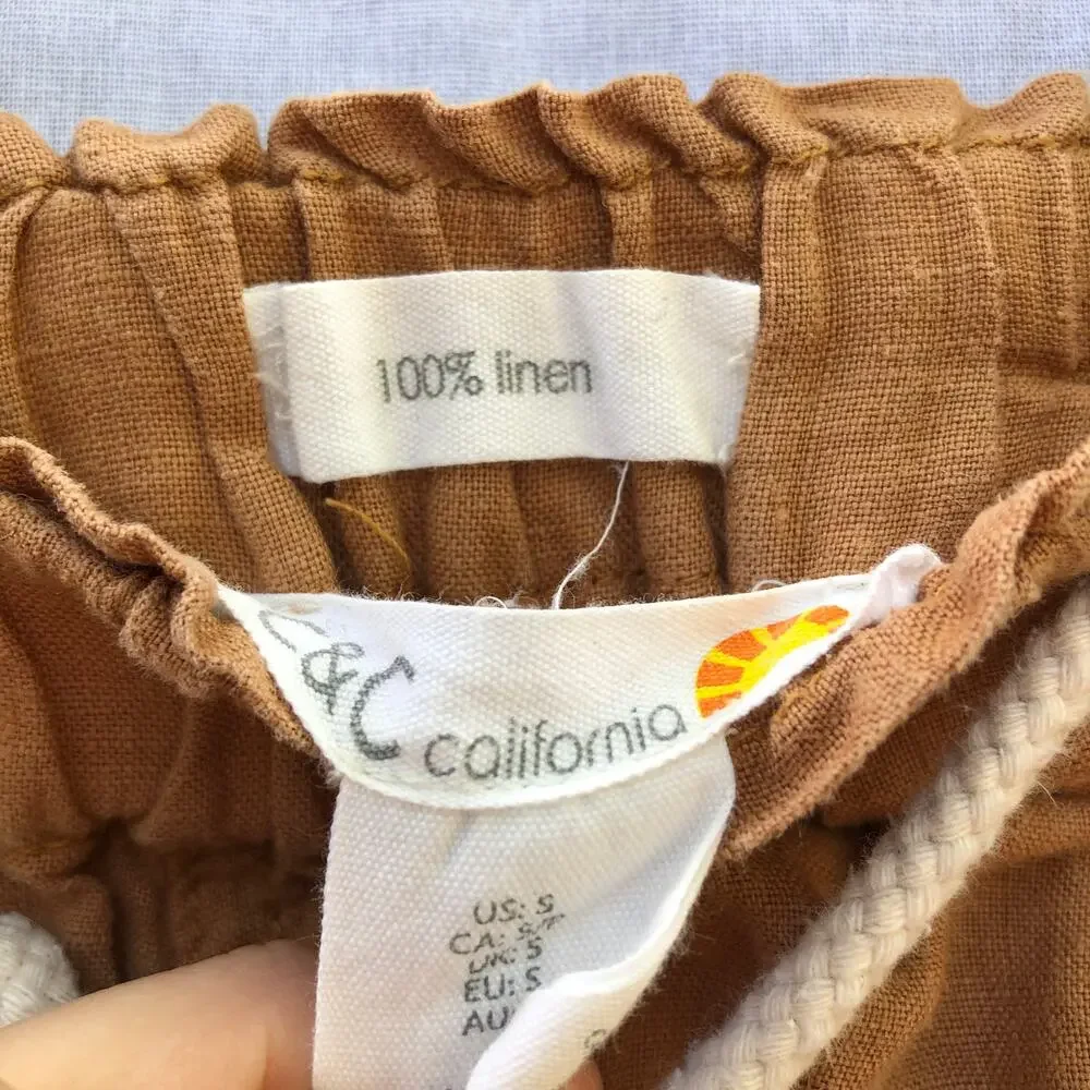 C&C California Linen Pants Tan Camel Rope Belt Straight Leg Elastic Waist Small